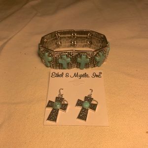 Faux turquoise and silver bracelet and cross earrings set